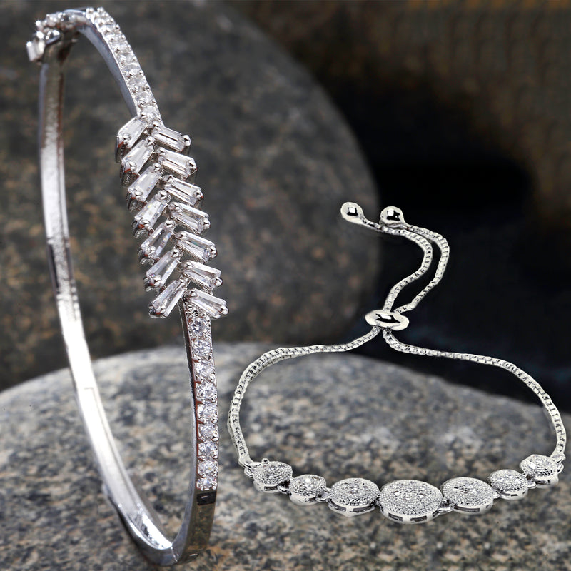 Rhodium Plated Silver Toned American Diamond Studded  Round Design Charm Adjustable Bracelet & Classic Cuff Bracelet Combo Set of 2