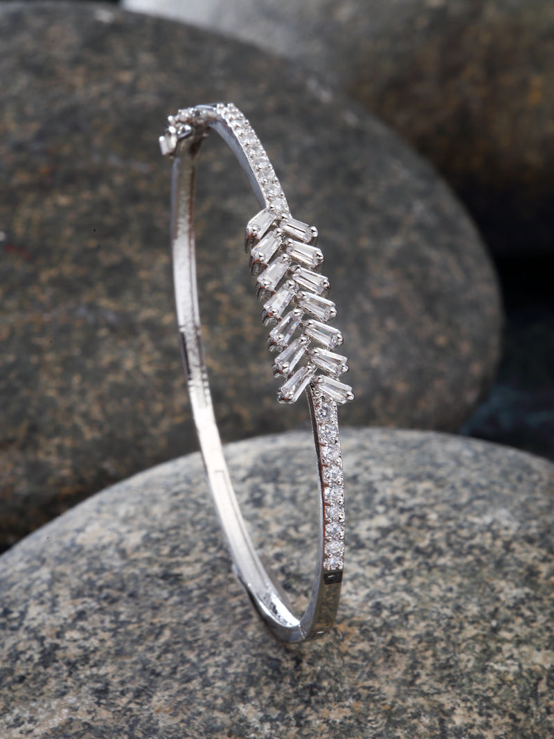 Rhodium-Plated Silver Toned White American Diamond Studded Kada Bracelet