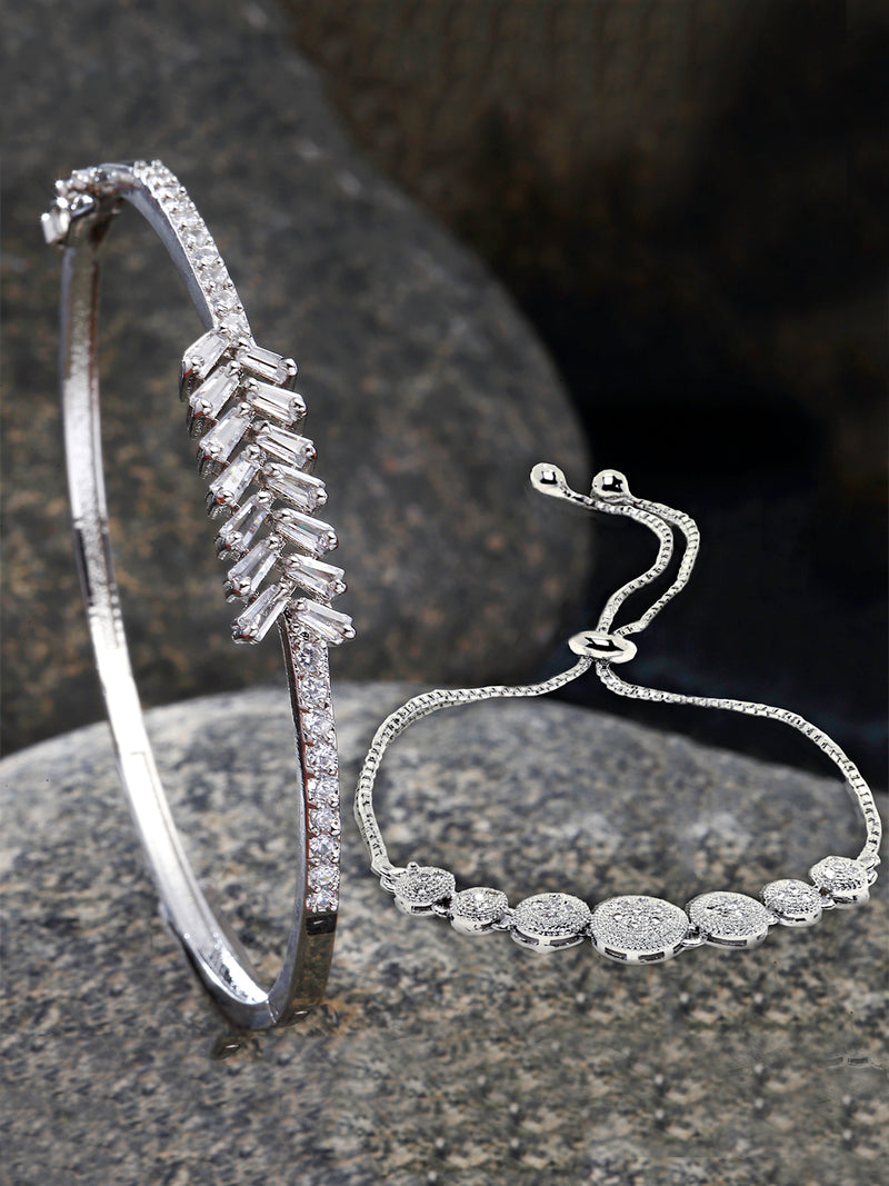 Rhodium Plated Silver Toned American Diamond Studded  Round Design Charm Adjustable Bracelet & Classic Cuff Bracelet Combo Set of 2