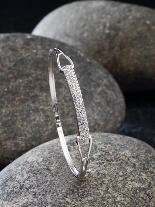 Rhodium-Plated Silver Toned White American Diamond Studded Contemporary Kada Bracelet