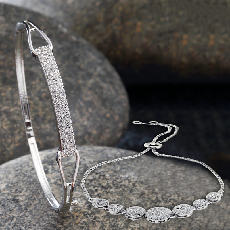 Rhodium Plated Silver Toned American Diamond Studded  Round Charm Adjustable Bracelet & Cuff Bracelet  Combo Set of 2