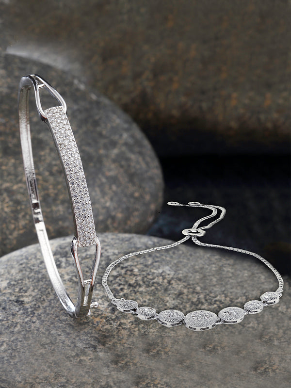 Rhodium Plated Silver Toned American Diamond Studded  Round Charm Adjustable Bracelet & Cuff Bracelet  Combo Set of 2