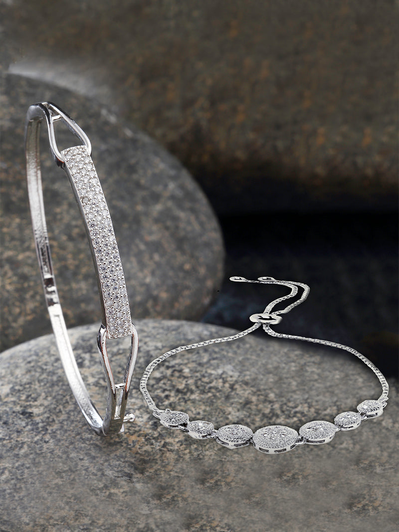 Rhodium Plated Silver Toned American Diamond Studded  Round Charm Adjustable Bracelet & Cuff Bracelet  Combo Set of 2