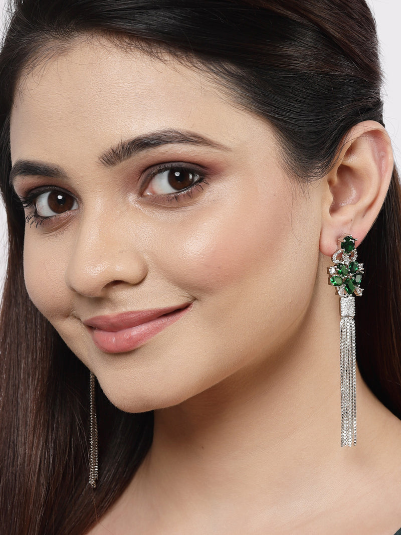 Green Rhodium-Plated with Silver-Toned American Diamond Contemporary Drop Earrings