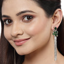 Green Rhodium-Plated with Silver-Toned American Diamond Contemporary Drop Earrings