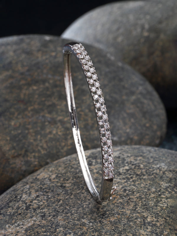 Rhodium-Plated Silver Toned White American Diamond Studded Modern Kada Bracelet