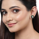 Rhodium-Plated with Silver-Toned Green American Diamond Floral Studs Earrings