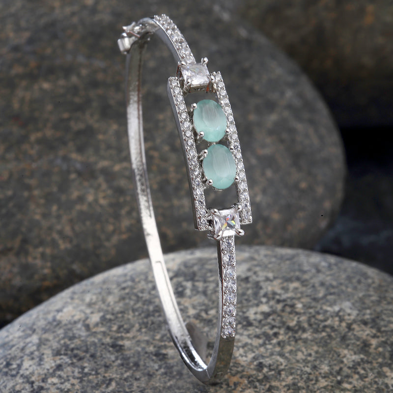 Rhodium-Plated Silver Toned Sea Green American Diamond Studded Kada Bracelet