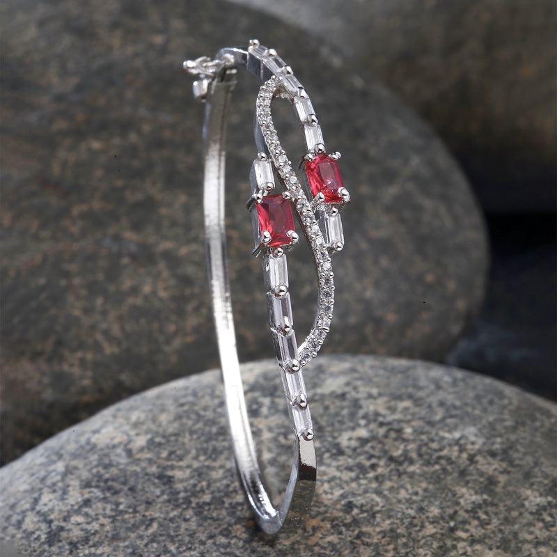 Rhodium-Plated Silver Toned Square Red American Diamond Studded Kada Bracelet