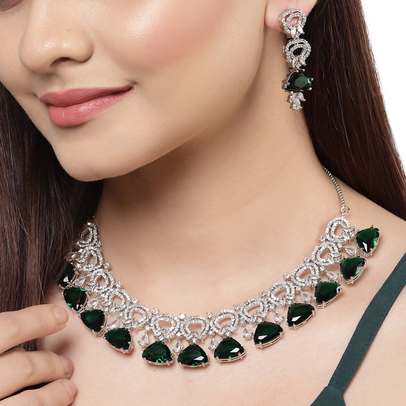 Rhodium-Plated with Silver-Toned Green and White American Diamond Studded Choker Necklace and Drop Earrings Jewellery Set