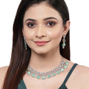 Rhodium-Plated with Silver-Toned Sea Green and White American Diamond Studded Choker Necklace and Drop Earrings Jewellery Set
