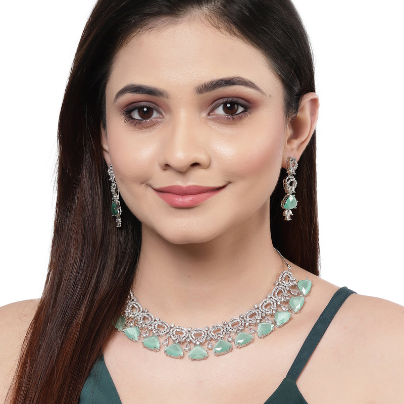 Rhodium-Plated with Silver-Toned Sea Green and White American Diamond Studded Choker Necklace and Drop Earrings Jewellery Set