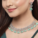 Rhodium-Plated with Silver-Toned Sea Green and White American Diamond Studded Choker Necklace and Drop Earrings Jewellery Set