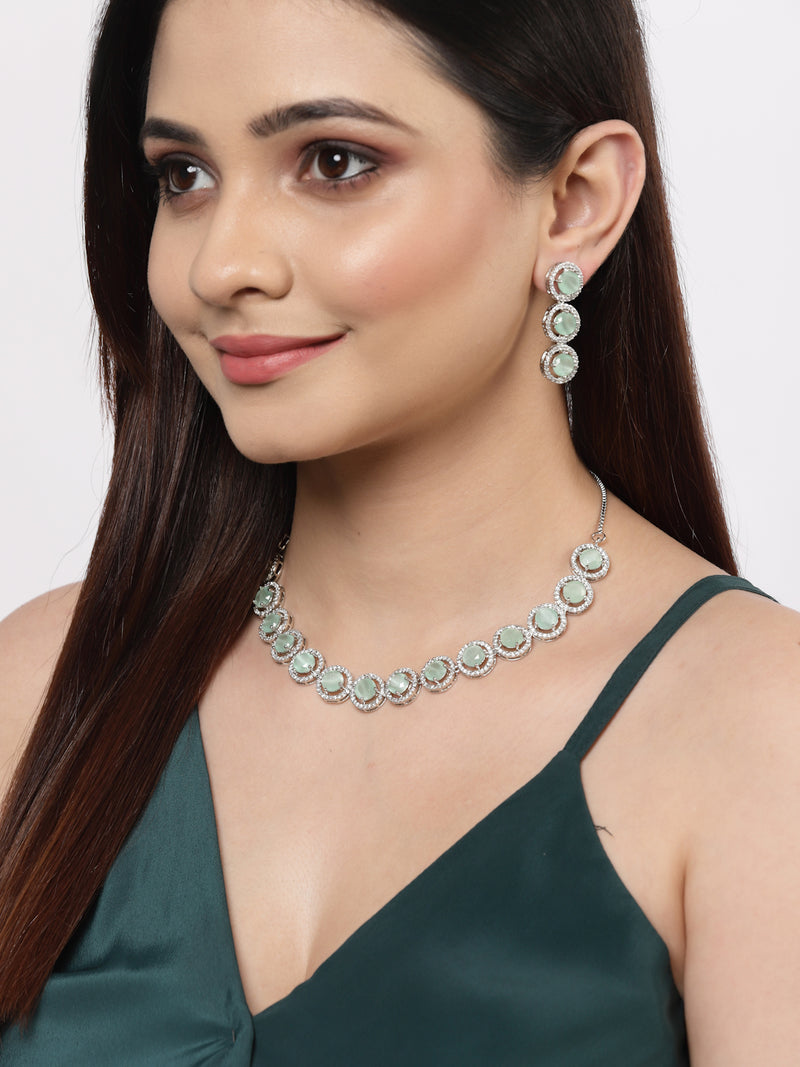 Rhodium-Plated with Silver-Toned Circular Shape Sea Green and White American Diamond Studded Jewellery Set