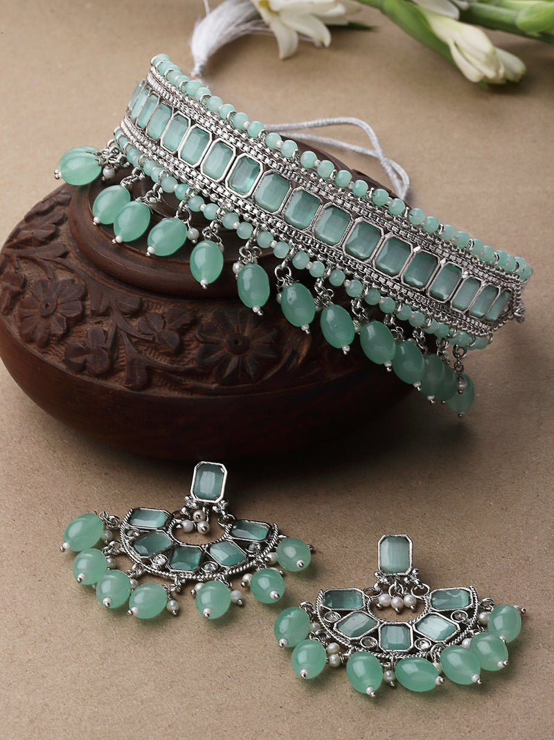 Silver-Plated Sea Green Cubic Zirconia Studded Necklace with Earrings Jewellery Set