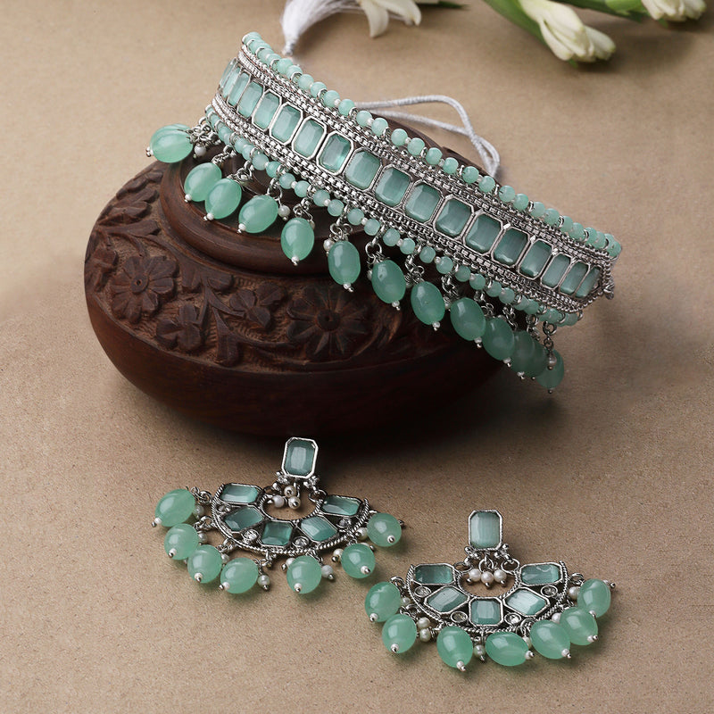 Silver-Plated Sea Green Cubic Zirconia Studded Necklace with Earrings Jewellery Set