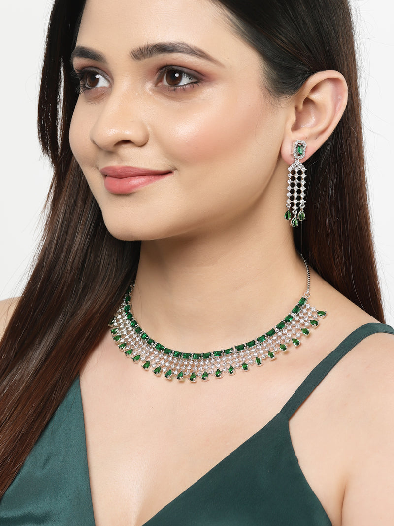 Rhodium-Plated with Silver-Toned Green American Diamond Studded Jewellery Set