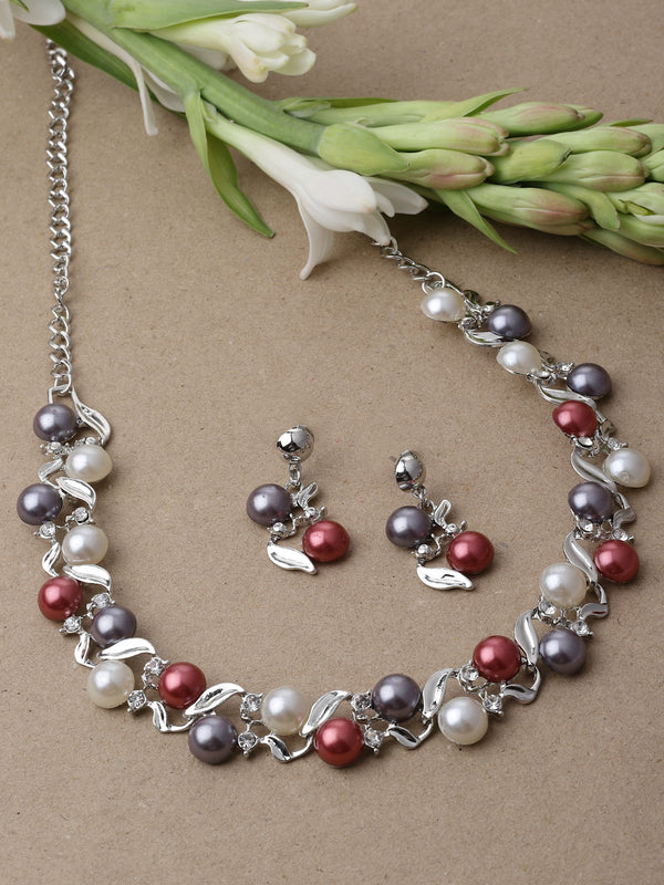 Silver-Plated Red & White Artificial Stones Studded Leafy Shaped Necklace with Earrings Jewellery Set