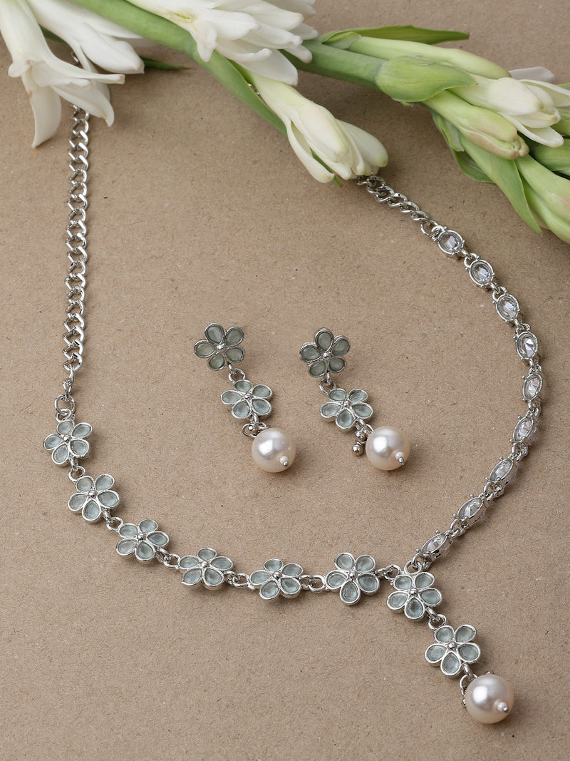 Rhodium-Plated Sea Green American Diamond & White Pearl Studded Floral Necklace & Earrings