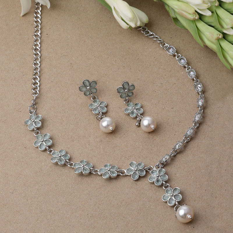 Rhodium-Plated Sea Green American Diamond & White Pearl Studded Floral Necklace & Earrings