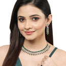 Rhodium-Plated with Silver-Toned Green American Diamond Studded Jewellery Set