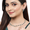 Rhodium-Plated with Silver-Toned Green and White Cubic Zirconia & American Diamond studded Necklace and Drop Earrings Jewellery Set