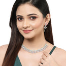 Rhodium-Plated with Silver-Toned Sea Green and White American Diamond Studded Embellish Statement Jewellery Set