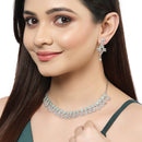 Rhodium-Plated with Silver-Toned Sea Green and White American Diamond Studded Embellish Statement Jewellery Set