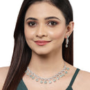 Rhodium-Plated with Silver-Toned Leaf Design Sea Green and White American Diamond Studded Jewellery Set