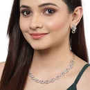 Rhodium-Plated with Silver-Toned Sea Green and White Cubic Zirconia & American Diamond studded Necklace and Drop Earrings Jewellery Set