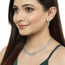 Rhodium-Plated with Silver-Toned Sea Green American Diamond Studded Jewellery Set