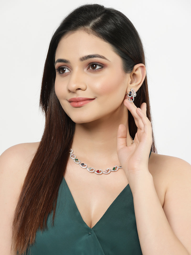 Rhodium-Plated with Silver-Toned Multi-Colour Cubic Zirconia & American Diamond studded Necklace and Drop Earrings Jewellery Set