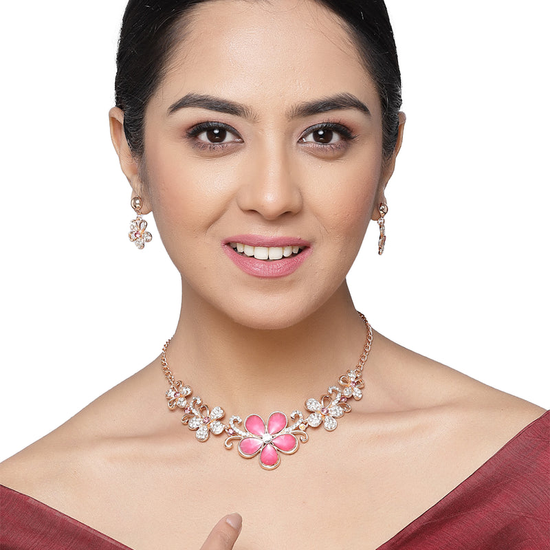 Rose Gold-Plated Red American Diamonds Studded Floweret Necklace & Earrings Jewellery Set