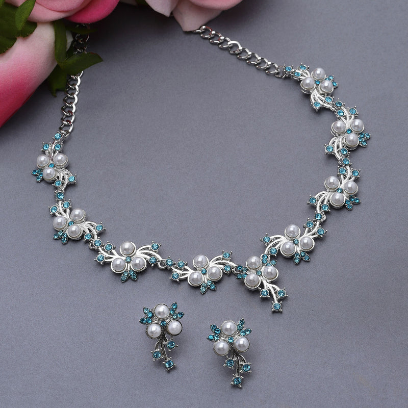 Silver-Plated Blue Cubic Zirconia & White Pearls Studded Jewellery Set