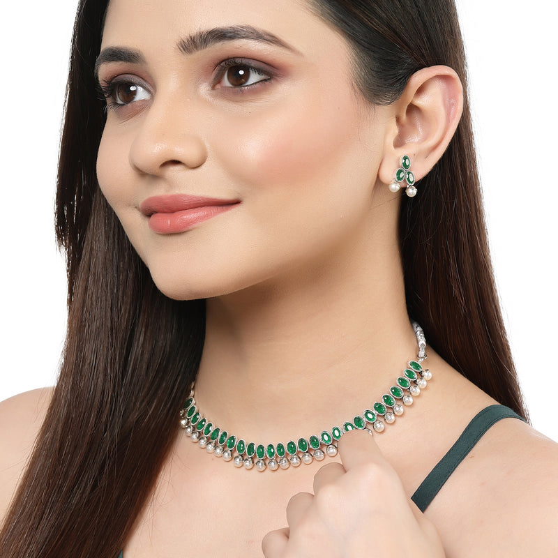 Rhodium-Plated with Oxidized Silver-Toned Green Cubic Zirconia Stone Studded & White Pearl Beaded Necklace and Earrings Jewellery Set