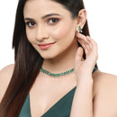 Rhodium-Plated with Oxidized Silver-Toned Green Cubic Zirconia Stone Studded & White Pearl Beaded Necklace and Earrings Jewellery Set