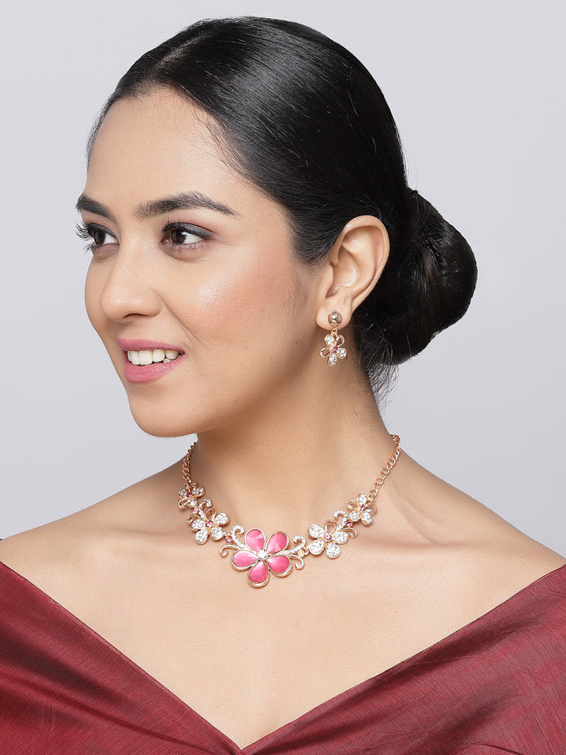 Rose Gold-Plated Red American Diamonds Studded Floweret Necklace & Earrings Jewellery Set