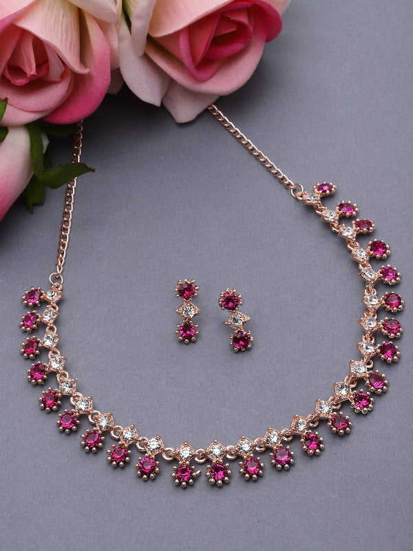 Rose Gold-Plated Pink & White American Diamond Studded Star Shaped Necklace with Earrings Jewellery Set