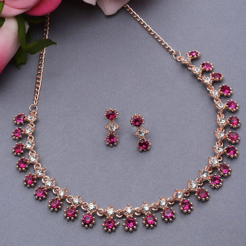 Rose Gold-Plated Pink & White American Diamond Studded Star Shaped Necklace with Earrings Jewellery Set