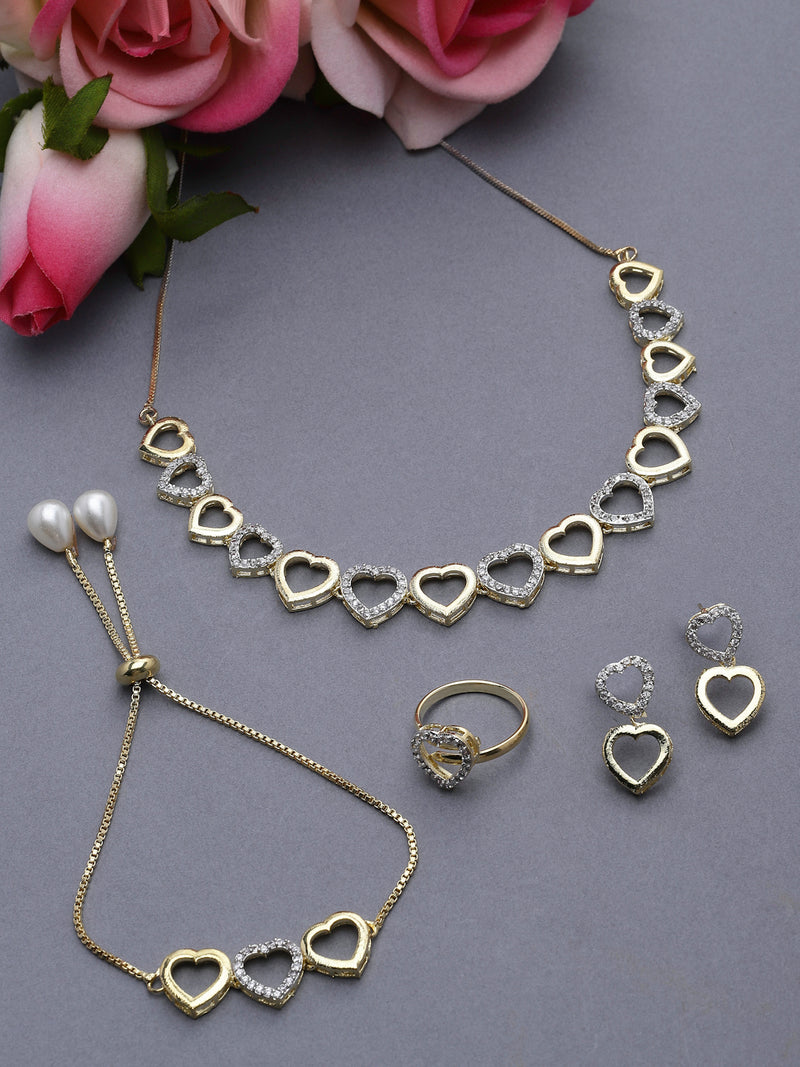 Gold-Plated Dual Toned White American Diamond Studded Heart Shaped Jewellery Set