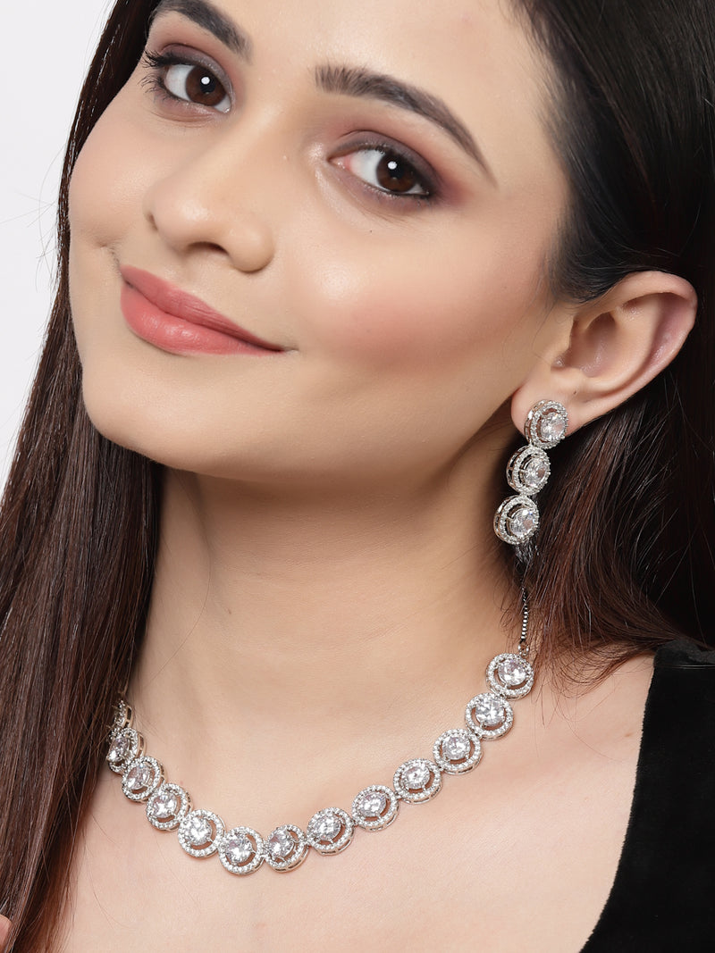 Rhodium-Plated with Silver-Toned Circular Shape White American Diamond Studded Jewellery Set