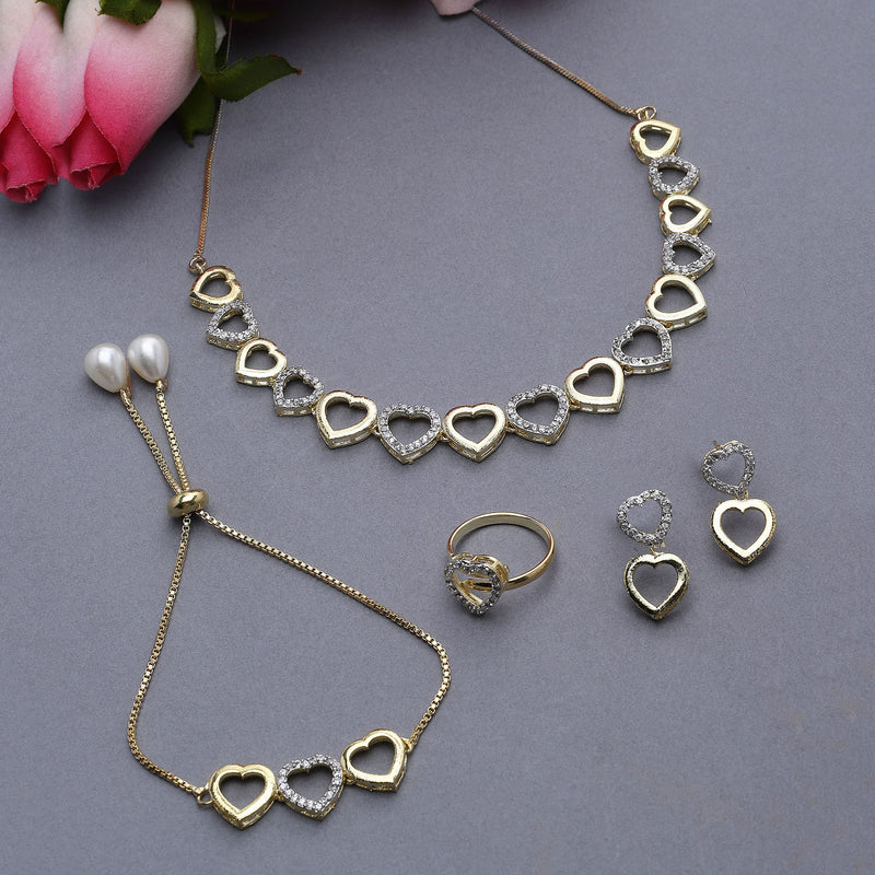 Gold-Plated Dual Toned White American Diamond Studded Heart Shaped Jewellery Set