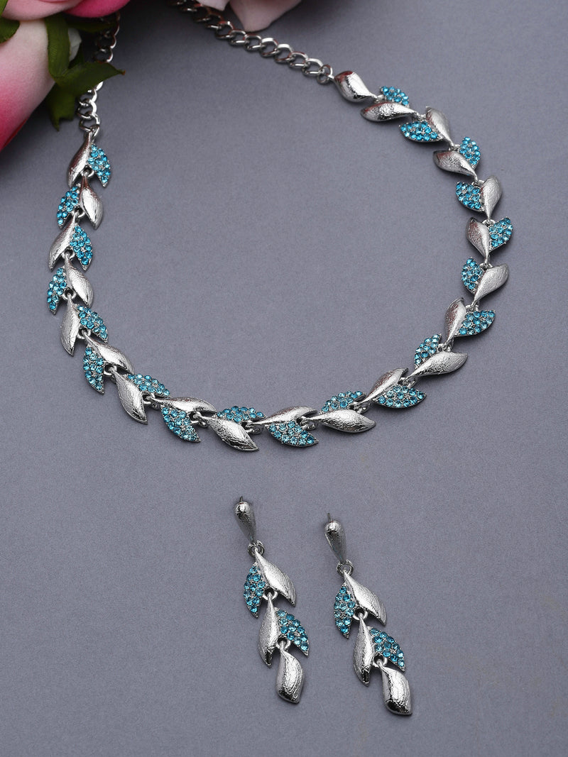 Silver-Plated Blue Cubic Zirconia Studded Leaf Shaped Necklace with Earrings Jewellery Set