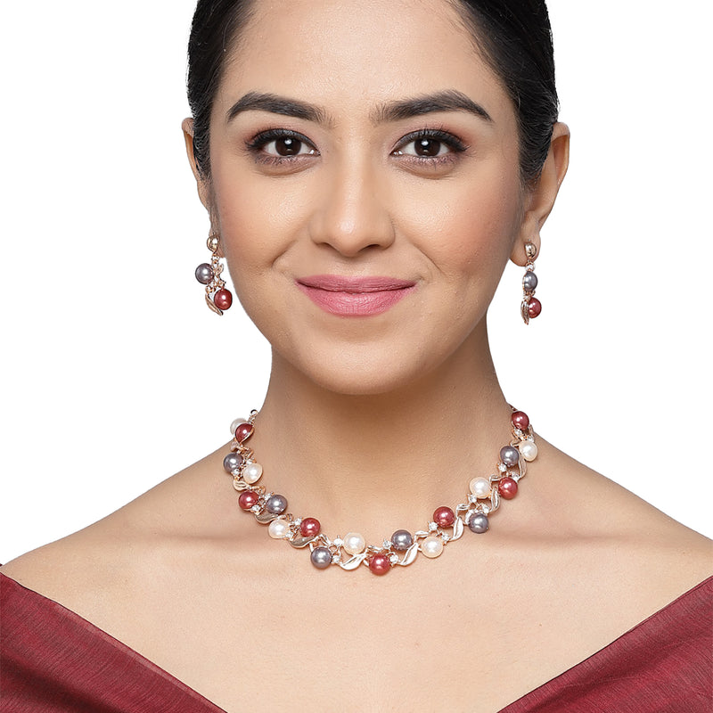 Rose Gold-Plated Red & White Artificial Stones Studded Leafy Shaped Necklace with Earrings Jewellery Set