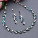 Silver-Plated Blue Cubic Zirconia Studded Leaf Shaped Necklace with Earrings Jewellery Set