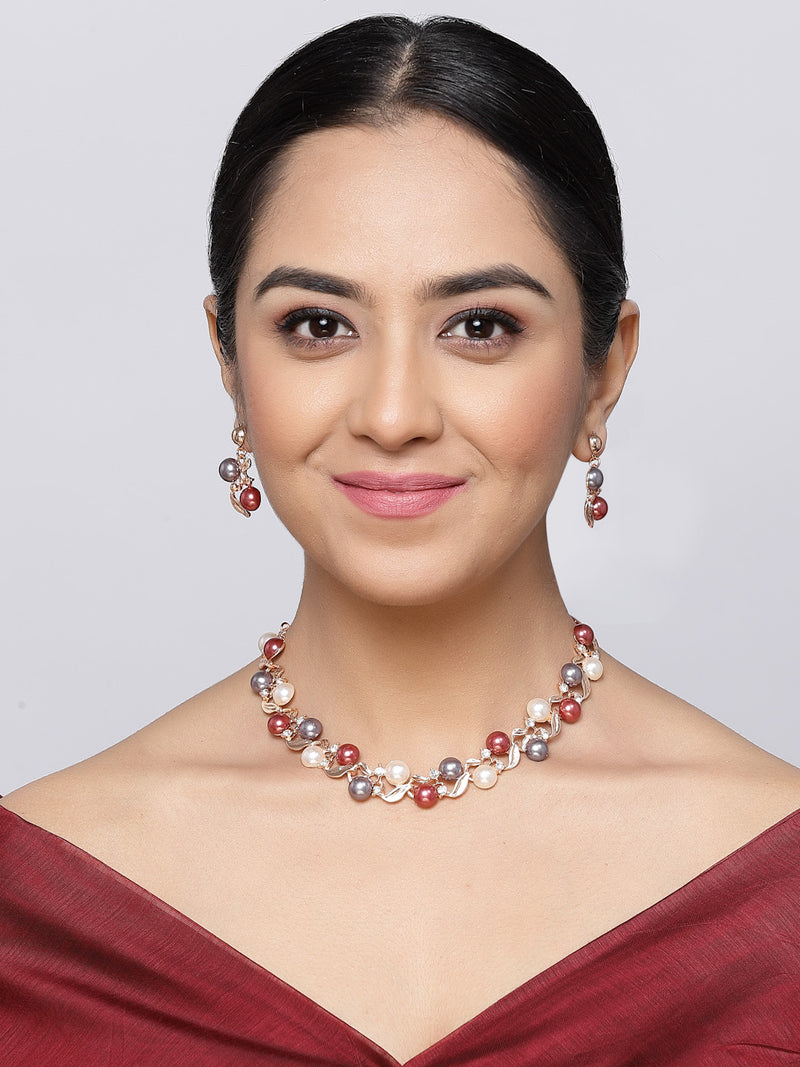 Rose Gold-Plated Red & White Artificial Stones Studded Leafy Shaped Necklace with Earrings Jewellery Set