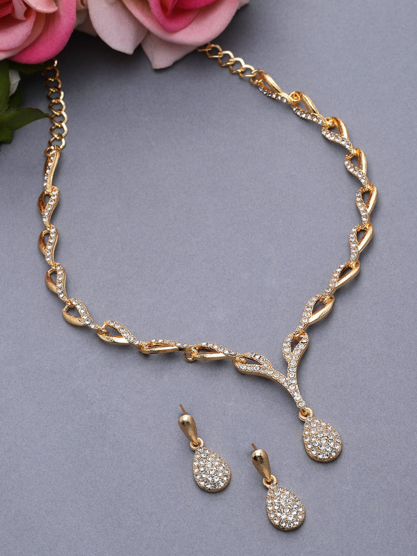 Gold-Plated White Cubic Zirconia Studded Teardrop Shaped Necklace with Earrings Jewellery Set