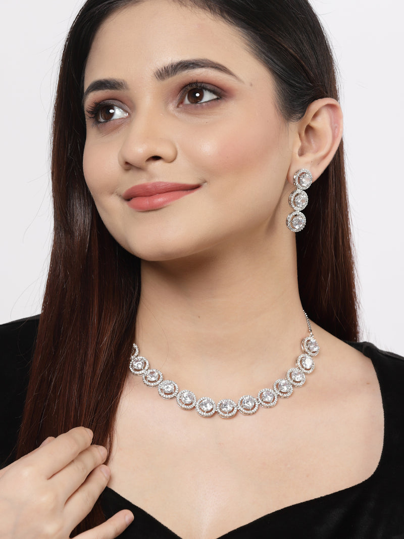 Rhodium-Plated with Silver-Toned Circular Shape White American Diamond Studded Jewellery Set