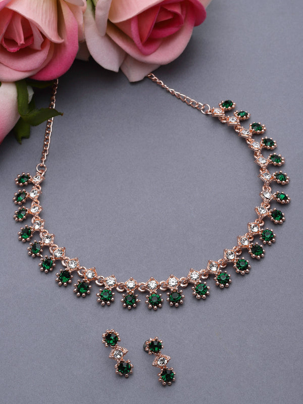 Rose Gold-Plated Green & White American Diamond Studded Star Shaped Necklace with Earrings Jewellery Set