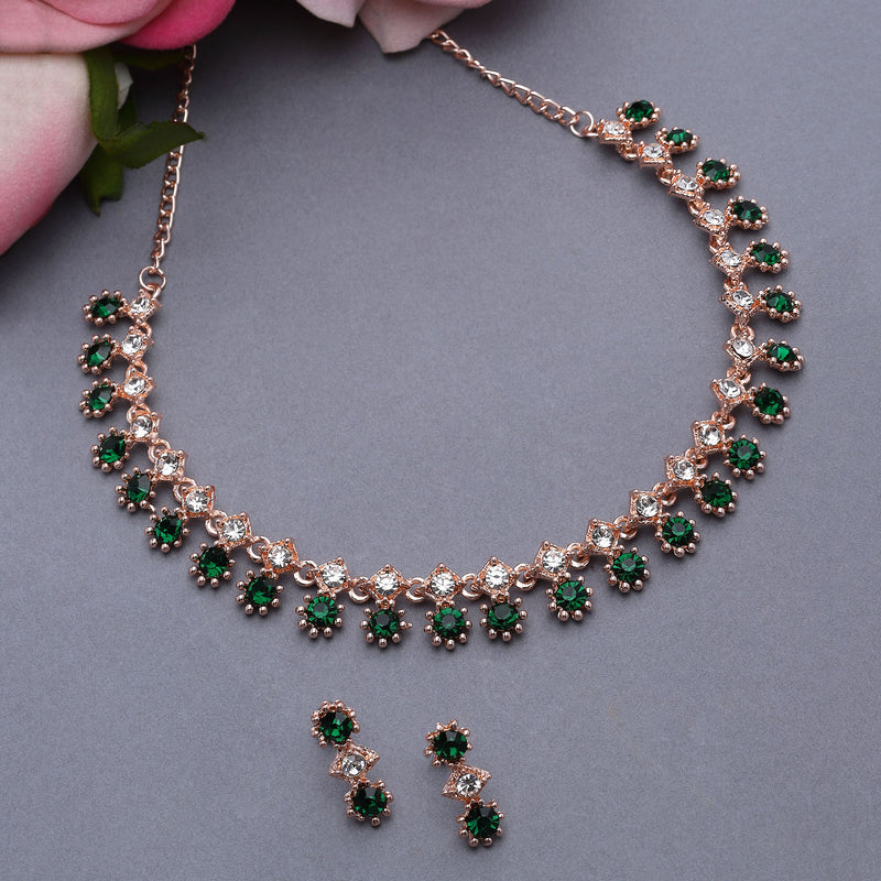 Rose Gold-Plated Green & White American Diamond Studded Star Shaped Necklace with Earrings Jewellery Set